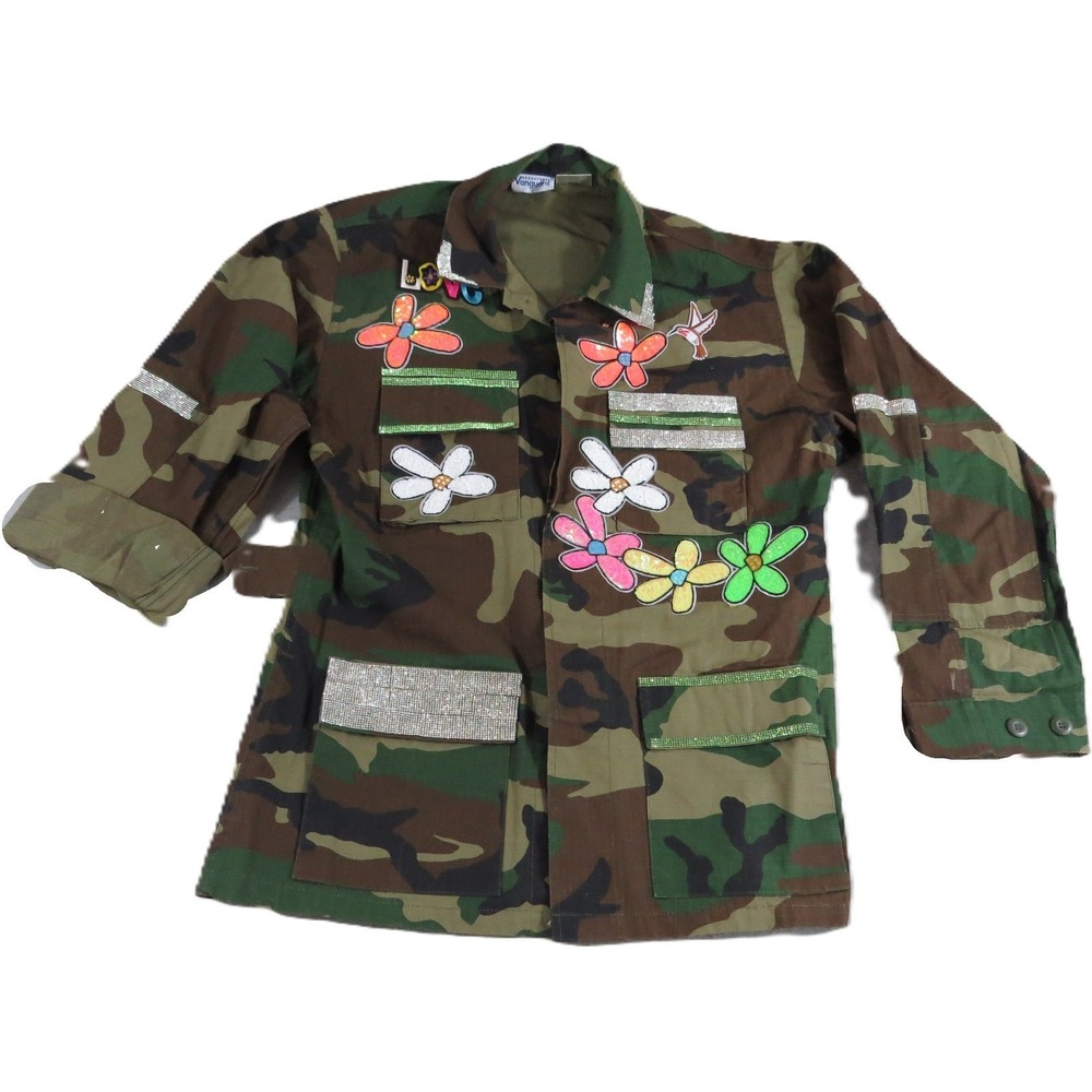 Vanguard Camo Field Jacket Women M Tiger Flower Sequin Patch Love Boho Festival
